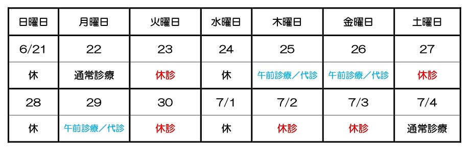 6月の代診医師による診察と休診のお知らせ